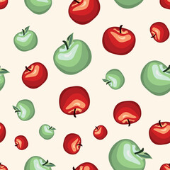 Fototapeta premium A joyful seamless summer pattern with green and red apples, a ripe fruits background