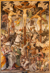 VARALLO, ITALY - JULY 17, 2022: The renaissance fresco of Cricifixion in the church Chiesa Santa...