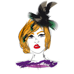 Red-haired woman in extravagant fancy hat, hat decorated, red lipstick, model, sketch