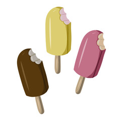 Chocolate and fruit ice cream set on a stick, fruit ice, vector illustration in flat style