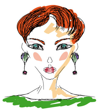 Red-haired girl with short haircut and long earrings, hair design, model, sketch