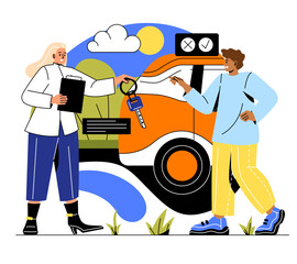 International tourism concept. Man in another country rents car to move faster, carsharing service. Driver of vehicle on road. Recreation and vacation, summer season. Cartoon flat vector illustration