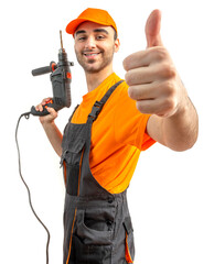 Young worker drilling with electric drill in his hands. Tool for boring holes. Craftsman repairman...