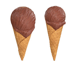 Chocolate ice cream in a waffle cone set of two types, 3d render