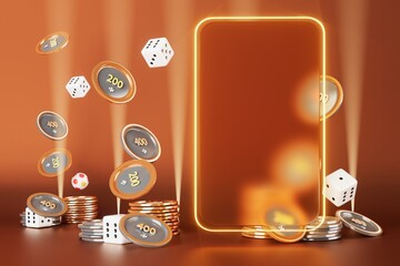 copy space on blue background. poker card casino bet game play app concept. sports online playing. 3d illustration. lucky winner competition. gold mobile. casino club game card application. online bet