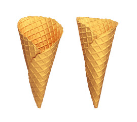 Golden waffle cone in two versions on a white background, 3d render