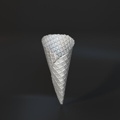 Silver waffle cone floating on a black background, 3d render