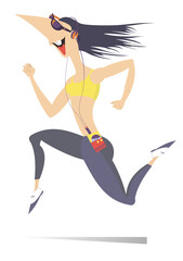 Running young woman.
Running young woman in sunglasses listening music on player using headphones. Illustration on white background

