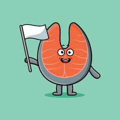 Cute cartoon Fresh salmon mascot character with white flag in modern design 