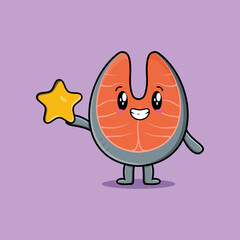 Cute cartoon fresh salmon character holding big golden star in cute modern style design