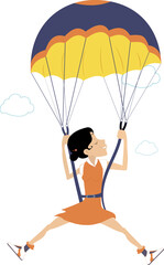 Cartoon skydiver woman illustration. 
Comic skydiver woman in sunglasses derives enjoyment from jumping. Illustration on white background
