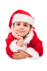Little Santa is Lying Down on White Background