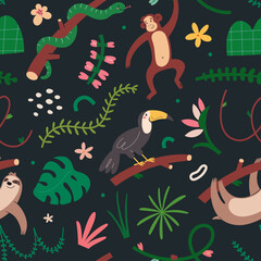 Fototapeta premium Jungle animals pattern, seamless ornament with cute leopard, sleeping wild jaguar, flying macaw parrot and crocodile smiling and swimming in the pond, childrens illustration, good for fabric print