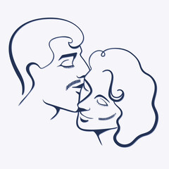 Vector graphic simple cute line illustration of a couple, man kissing woman