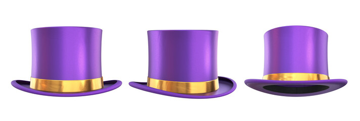 Set of purple top hat with a gold ribbons on a white background, 3d render - obrazy, fototapety, plakaty