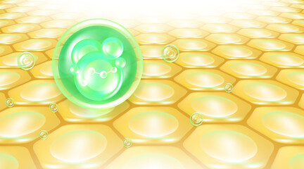 Hyaluronic acid hair and skin solutions ad, green collagen serum drop over skin cells with cosmetic advertising background ready to use, illustration vector.