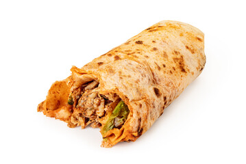 Isolated on a white background, Turkish doner or durum is a fast food with meat and salad wrapped in a flatbread. Unhealthy and greasy food - obrazy, fototapety, plakaty