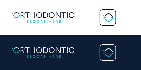 Dental clinic logo design with abstract smile logo vector illustrator design combined with letter O in orthodontics text.