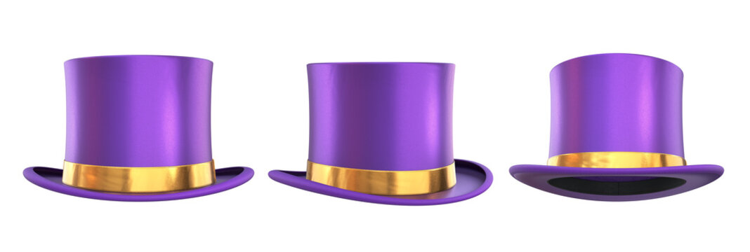 Set of purple top hat with a gold ribbons on a white background, 3d render