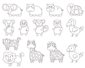 Color cute set wild safari african jungle animals. lion, giraffe, elephant, turtle, zebra, parrot, hippo, monkey, sloth, rhino, panda, tiger, panda, toucan. tropical collection doodle
