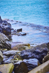 Water Crashing Against Old Pier Port Patrick Harbour Walls Breakwater Rocks Scotland