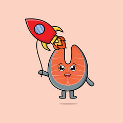 Cute cartoon fresh salmon floating with rocket balloon cartoon vector illustration 