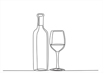 Continuous line one drawing of wine bottle with wineglass. Vector illustration.