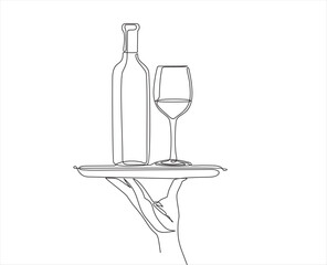 Continuous line vector illustration of hand holding dish with wine bottle with wineglass. Vector illustration.
