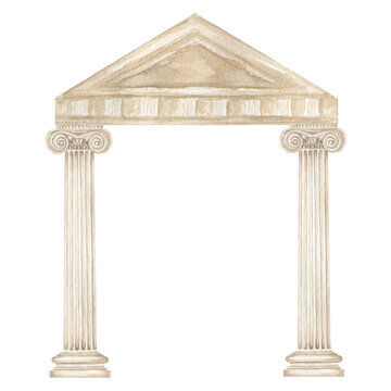 Watercolor antique arch with column ionic order, Ancient Classic Greek pillar frame, Roman Columns, Architecture facade elements Realistic drawing illustration isolated on white background