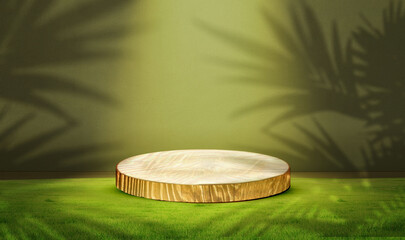 round wood slice podium for product presentation with natural light and palm leaves shadow