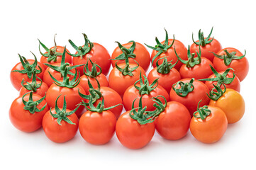Group of tasty and fresh cherry tomatoes isolated on white background. Rich harvest and healthy juicy fruit and vegetables