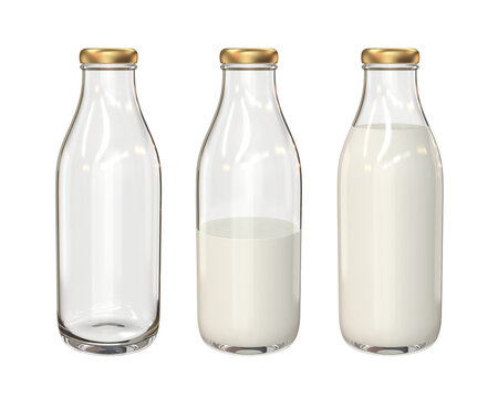 Set of glass bottles empty, half and full of milk, 3d render