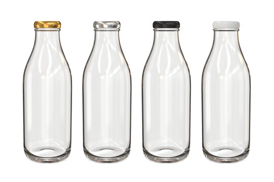 Set of empty glass bottles with different colors of lids gold, silver, black, white, 3d render