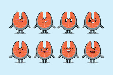 kawaii fresh salmon cartoon character with expressions of cartoon face vector illustrations