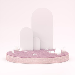 pink grass filed landscape with circular lawn. Pedestal for display,Platform for design,Blank product stand on lawn