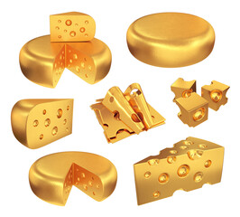 Cheese collection wheel, slices, cubes, slices of golden color, 3d render