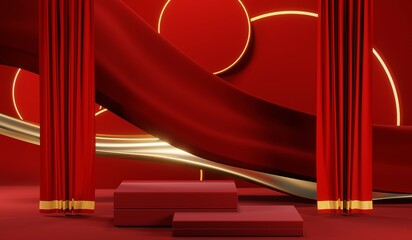 3D rendering of blank product background for cream cosmetics Modern red podium background