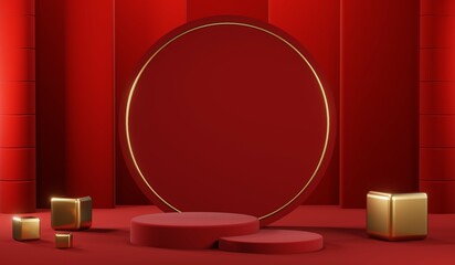 3D rendering of blank product background for cream cosmetics Modern red podium background