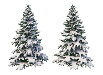  Trees and mountains in winter on a white background with clipping paths.