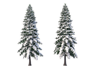  Trees and mountains in winter on a white background with clipping paths.
