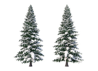  Trees and mountains in winter on a white background with clipping paths.