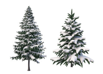  Trees and mountains in winter on a white background with clipping paths.