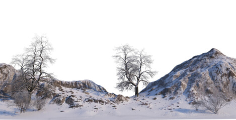 Trees and mountains in winter on a white background with clipping paths.