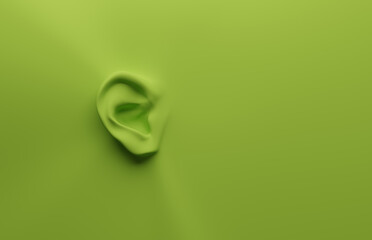 Green ear on a green background, health care or alertness concept, 3d render