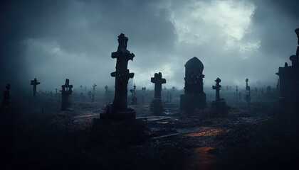 Fototapeta na wymiar Gloomy night cemetery, stone monuments. Sky with clouds, fog. Dramatic scene for Halloween background. 3D illustration