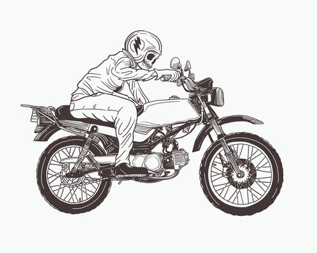 vintage skull biker with old motorcycle illustration
