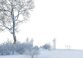Trees and mountains in winter on a white background with clipping paths.