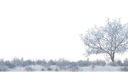 Trees and mountains in winter on a white background with clipping paths.