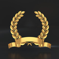 Golden laurel wreath with a golden ribbon on a black background, 3d render
