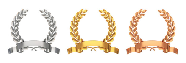 Set of laurel wreaths with ribbon gold, silver, bronze, 3d render